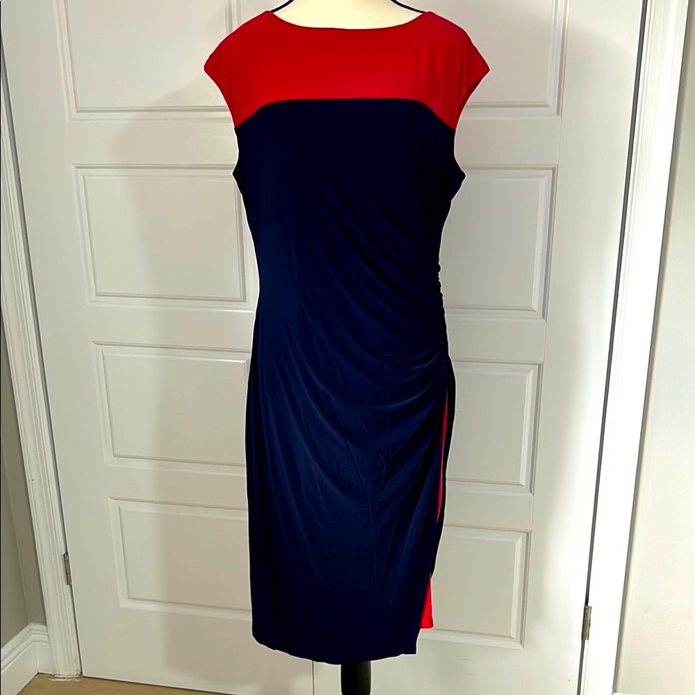 Chaps Ruched Sheath Dress Red and Navy Midi with Stretch